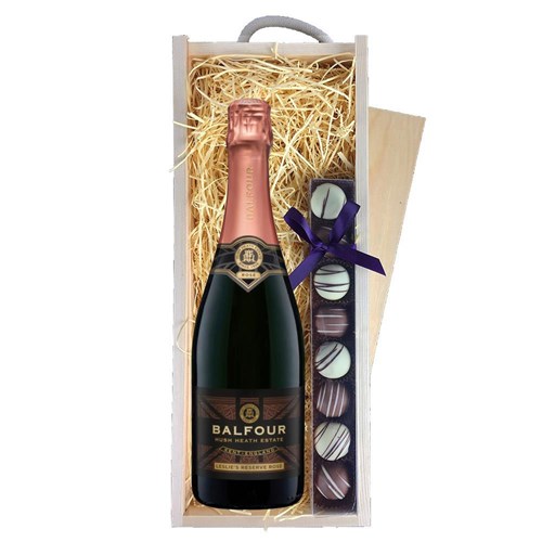 Balfour Leslies Reserve Rose English Sparkling 75cl & Truffles, Wooden Box